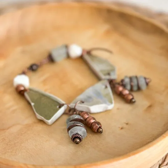 Chunky boho glass bead bracelet with copper charms - Picture 3 of 10